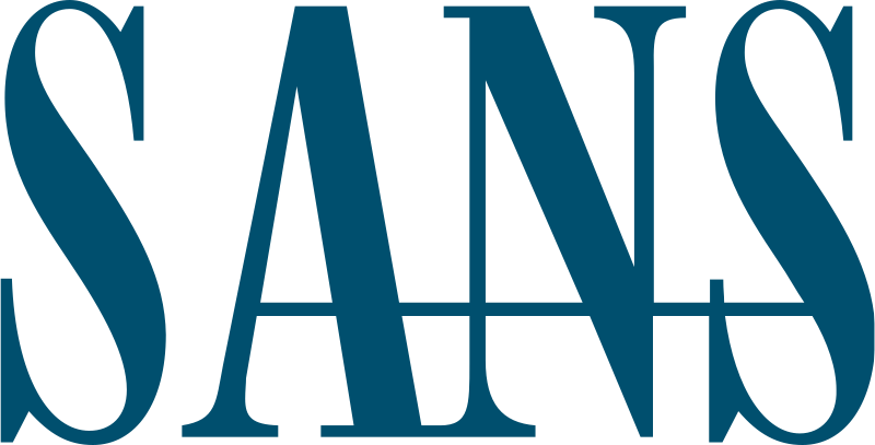 SANS Institute logo with a modern design. SANS Institute is a platform that offers online courses and resources for cybersecurity and IT security. The background is plain white, creating a clean and focused learning environment.